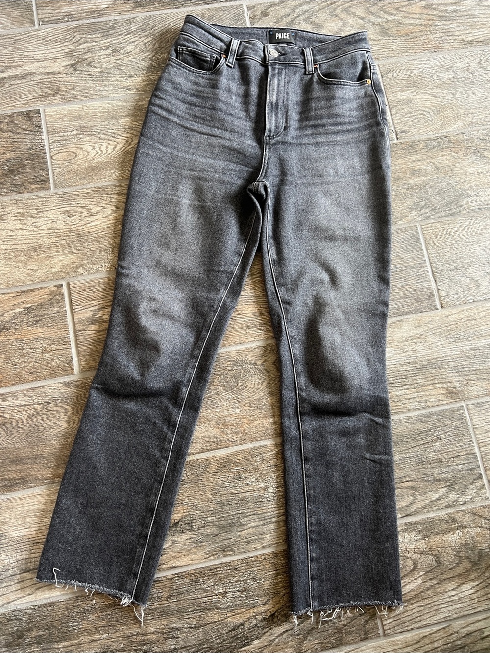 PAIGE Accent ultra high rise straight raw hem jeans gray ash black 27